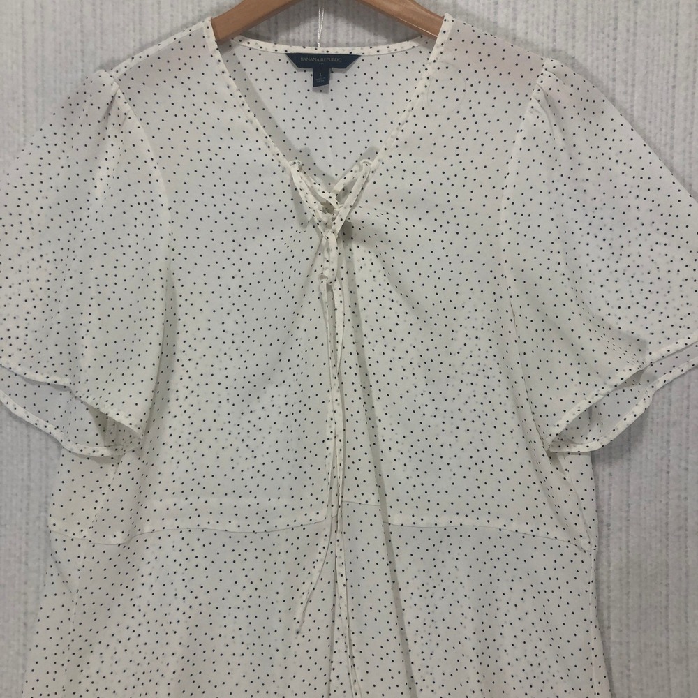 Banana Republic Womens Top Lace Up V Neck Polka‎ Dot Flutter Sleeve Blouse
